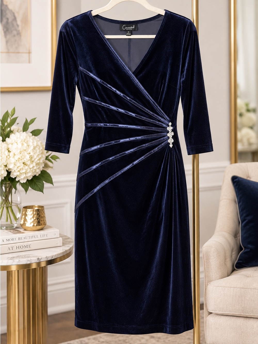 Connected Apparel Size 10 Navy Velvet Wrap Sheath Dress Rhinestone Cocktail